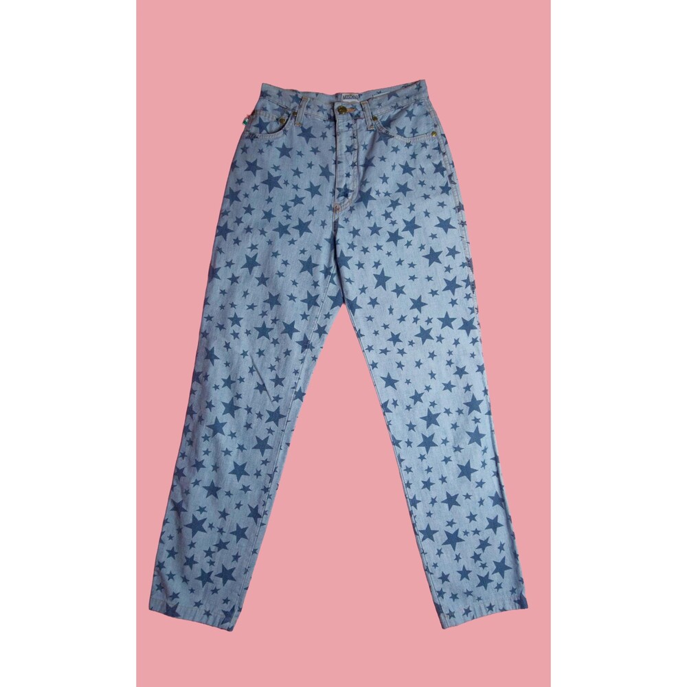1990s-Y2K MOSCHINO JEANS STARS All Over Print Cotton Denim Trousers. Extra Small